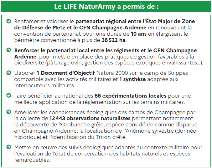 Résultats du LIFE NatuArmy dans les camps de Champagne